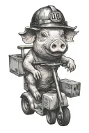 pig with a hard hat driving a forklift, on the forklift "Les Petites" IS written tattoo design idea