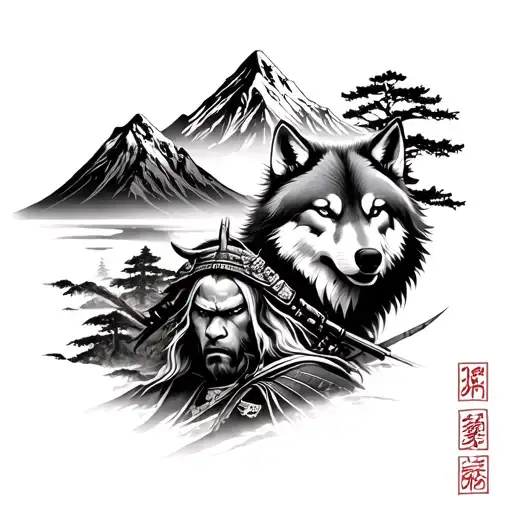 Samurai and mountain and wolf and forest and Japan tattoo design idea