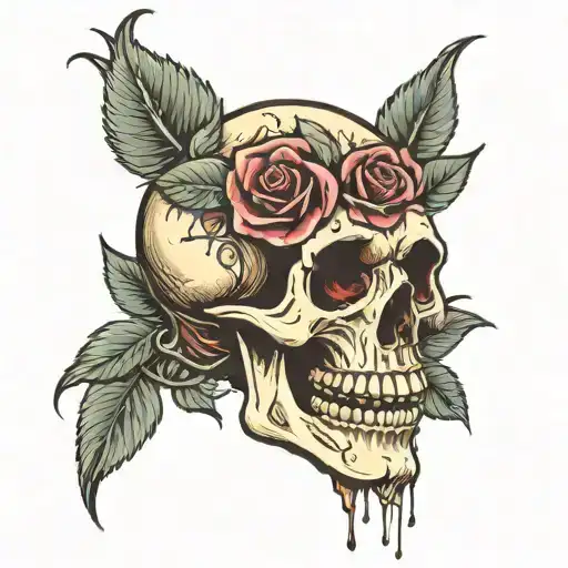 American traditional skull bleeding from eyes with dead roses tattoo design idea