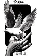 "Tessa 10-06-23 " Open hands with a dove flying  tattoo design idea