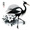 Japanese Style Crane with water and flowers tattoo design idea