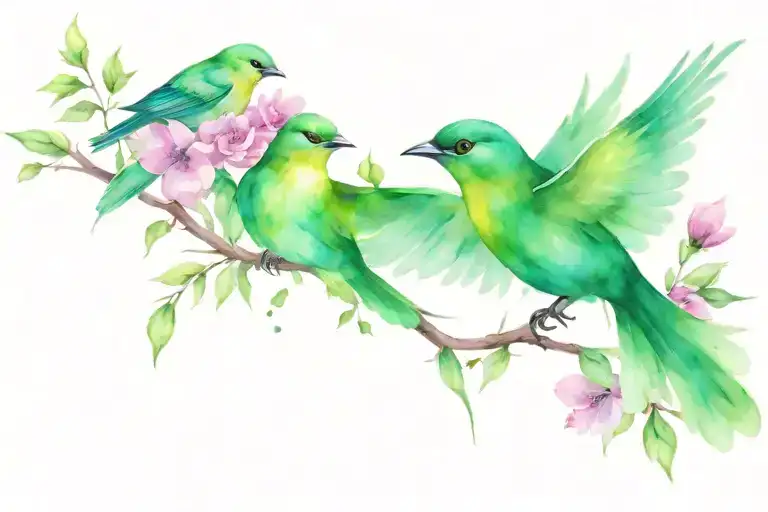 Defying gravity Wicked pink and green flowers birds tattoo design idea