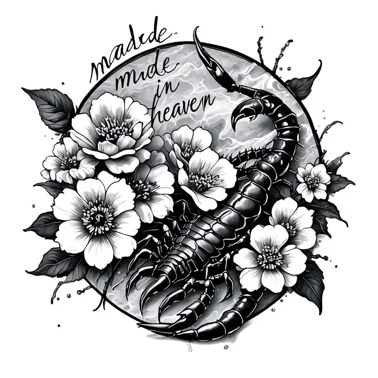 back tattoo with flowers, marble effect, scorpion, and verse "made in heaven" tattoo design idea