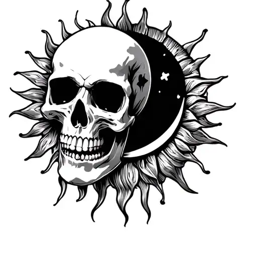 skull and moon and sun tattoo design idea