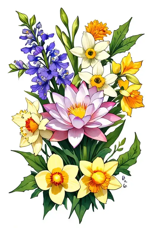 daffodils, larkspur, water Lily, gladiolus, marigold, cosmos, narcissus, holly tattoo design idea