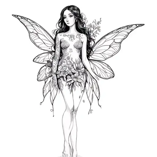 Black girl fairy full body with flowers tattoo design idea