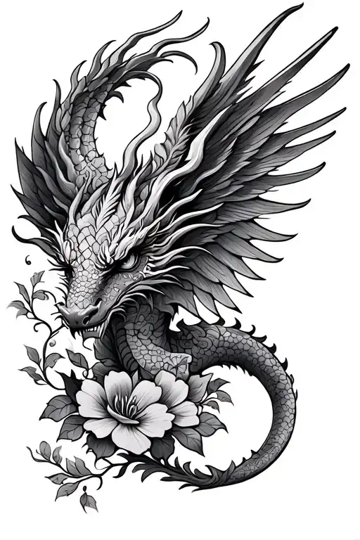 fourth wing Dragon with mendhi flowers tattoo design idea