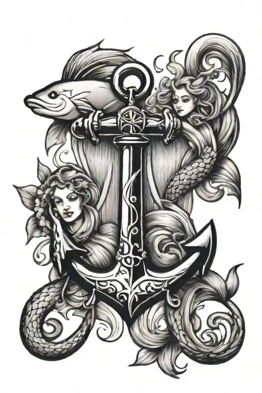 anchor and horshie and a mermaid tattoo design idea