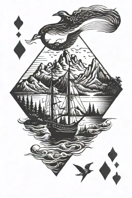 silhouette in a small fishing boat in the mountains, bird soaring in the far distant, playing cards tattoo design idea