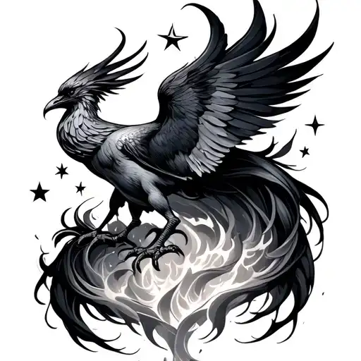 Stars phoenix rising from the ashes feminine colored tattoo design idea