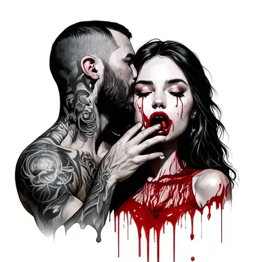 tattoed man with hand around girls throat and her biting her lip with blood running down tattoo design idea
