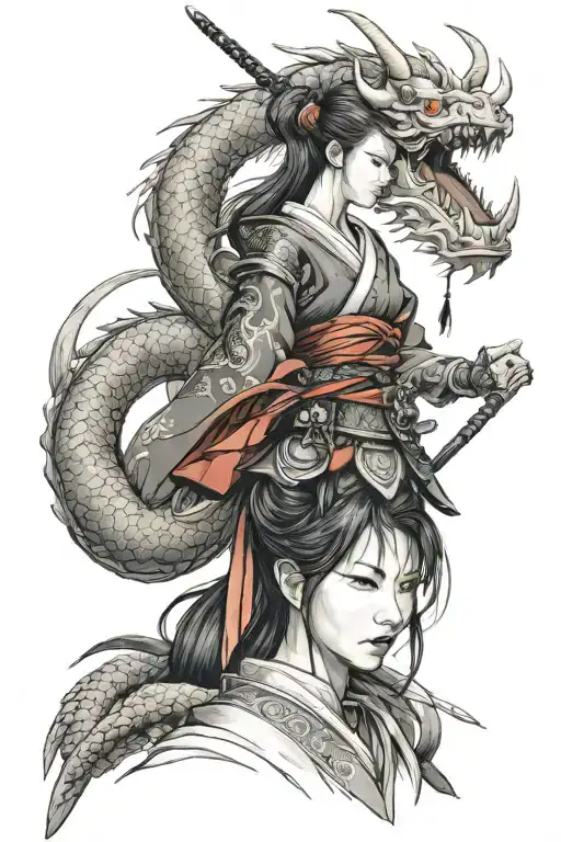 samurai girl with a dragon Japan tattoo design idea