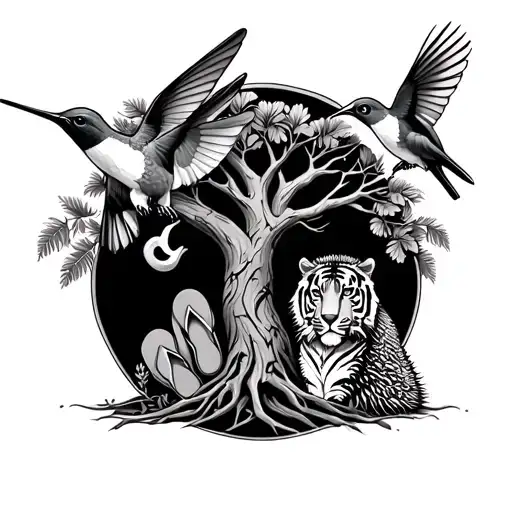 tree of life, with hummingbird, tiger, hedgehog, flip-flops, pipe wrench tattoo design idea