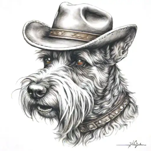 salt and pepper schnauzer with cowboy hat and brown eyes and a collar looking with western background tattoo design idea