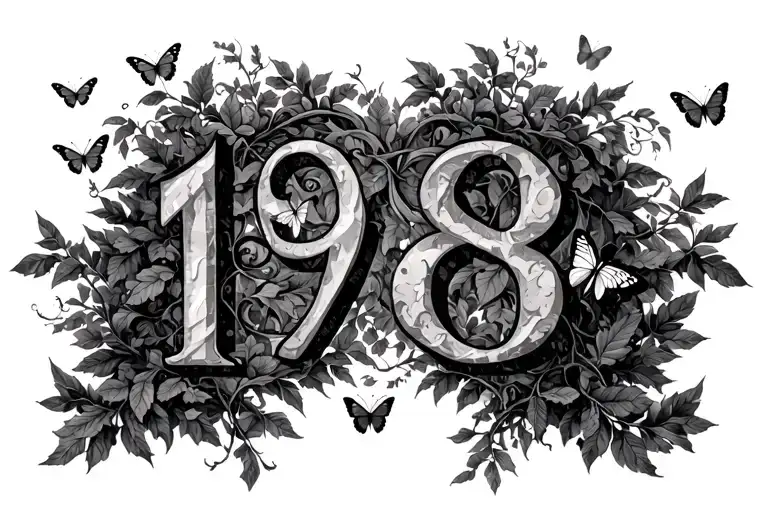 Bold Gothic 1998 as the centerpiece, Leafy, prominent vines wrapping around, intertwining with the numbers, butterflies tattoo design idea