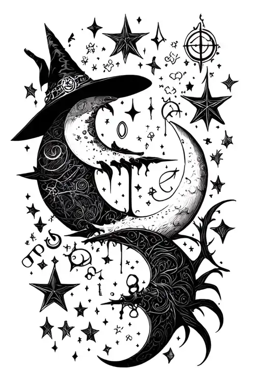 Witchy symbols with moons tattoo design idea