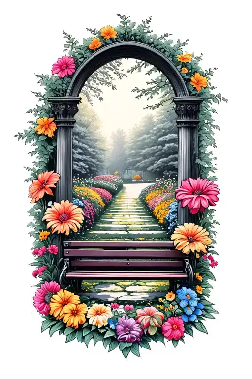 A tattoo design of a beautiful garden with vibrant flowers and a peaceful bench, symbolizing the love and memories of your grandma and grandpa who passed away tattoo design idea