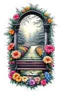 A tattoo design of a beautiful garden with vibrant flowers and a peaceful bench, symbolizing the love and memories of your grandma and grandpa who passed away tattoo design idea