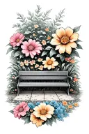 A tattoo design of a beautiful garden with vibrant flowers and a peaceful bench, symbolizing the love and memories of your grandma and grandpa who passed away tattoo design idea
