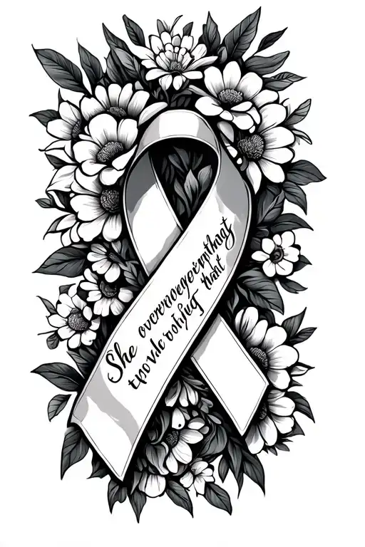 "She overcame everything that t" Recovery ribbon intertwined with flowers and she overcame everything that tried to destroy her  tattoo design idea