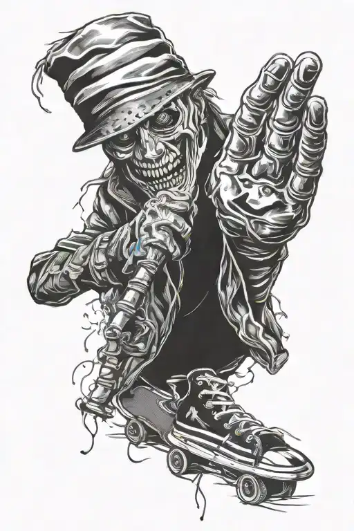 create a tattoo for my forearm with freddy Krueger glove,skateboard and old English D tattoo design idea