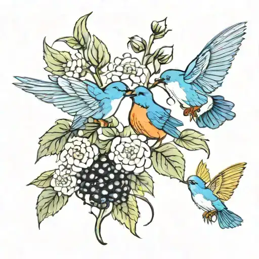blackberry bush and bluebirds and butterflies tattoo design idea