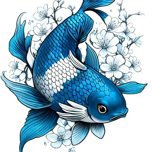 Blue Koi Fish with cherry blossoms tattoo design idea