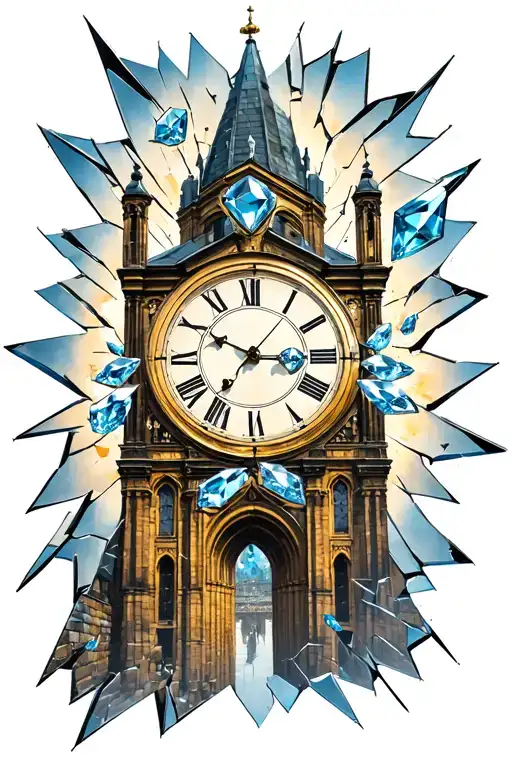 shattered clock. one side has Dutch old church. the other side has western wall. one dail has one Daimond and three gems tattoo design idea