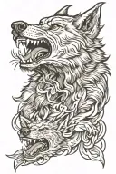 A grown wolf snarling, mirrored by the wolf as a pup tattoo design idea