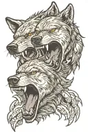 A grown wolf snarling, mirrored by the wolf as a pup tattoo design idea