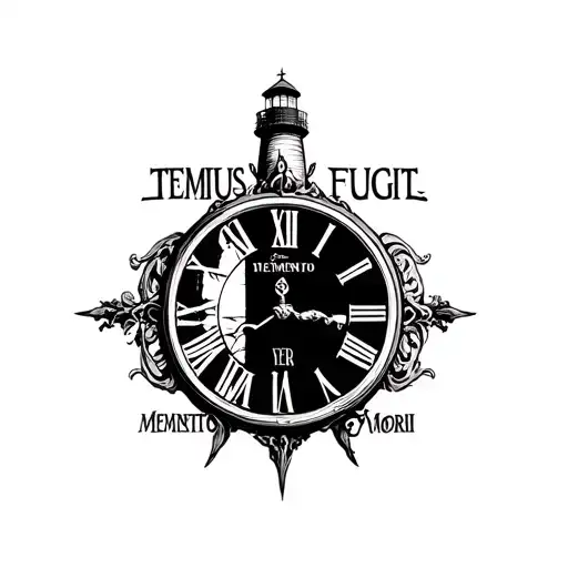 clock with text "TEMPUS FUGIT" above and "MEMENTO MORI" below and a lighthouse in the clock tattoo design idea