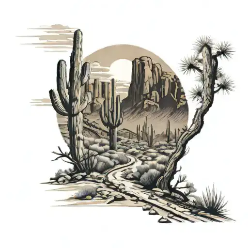 A majestic desert landscape with towering saguaro cacti and a winding hiking trail leading into the distance tattoo design idea
