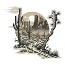 A majestic desert landscape with towering saguaro cacti and a winding hiking trail leading into the distance tattoo design idea