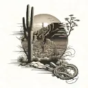 A majestic desert landscape with towering saguaro cacti and a winding hiking trail leading into the distance tattoo design idea