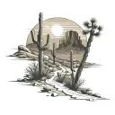 A majestic desert landscape with towering saguaro cacti and a winding hiking trail leading into the distance tattoo design idea