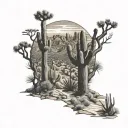 A majestic desert landscape with towering saguaro cacti and a winding hiking trail leading into the distance tattoo design idea