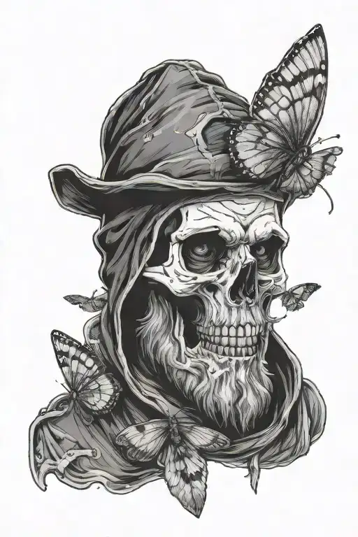 bearded skull wearing hood with moth resting tattoo design idea