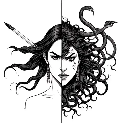 Half a face of mulan cutting her hair with a sword and half of face of Medusa with snakes for hair being angry tattoo design idea
