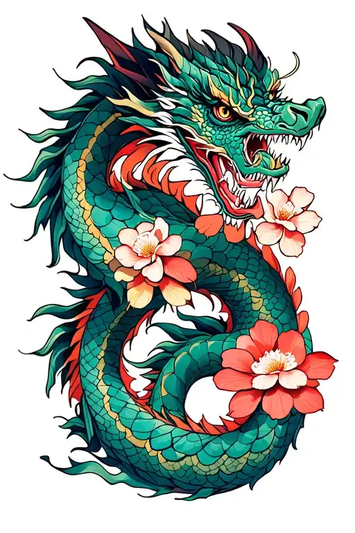 dragon and cherry blossoms wrapped tattoo design idea