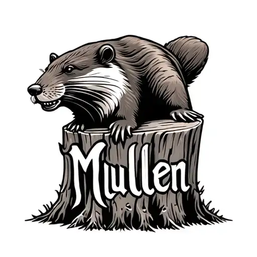 Beaver carving the name "Mullen" into a stump tattoo design idea
