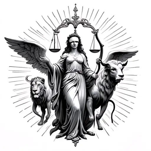 heaven rays, lion, blindfolded goddess holding scales, bull, angel, centaur archer, scorpion tattoo design idea