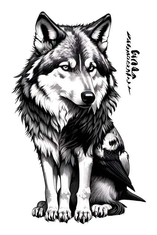 wolf and raven sitting tattoo design idea