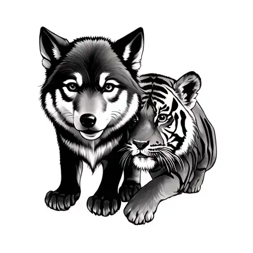 wolf pup and tiger cub playing tattoo design idea