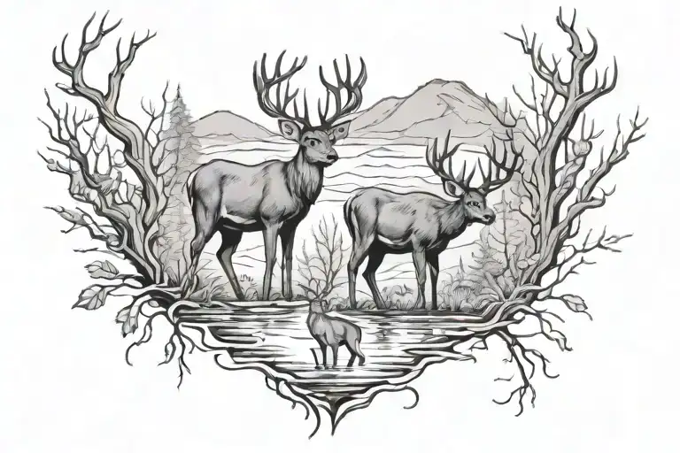dad and son deer and fish with trees tattoo design idea