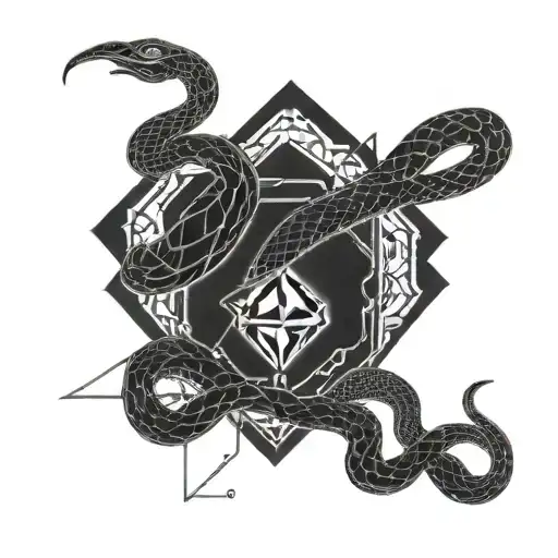 Design a blackwork tattoo of a fierce black cobra wrapped around a diamond, symbolizing power and wealth, with the client's initials integrated into the design. tattoo design idea