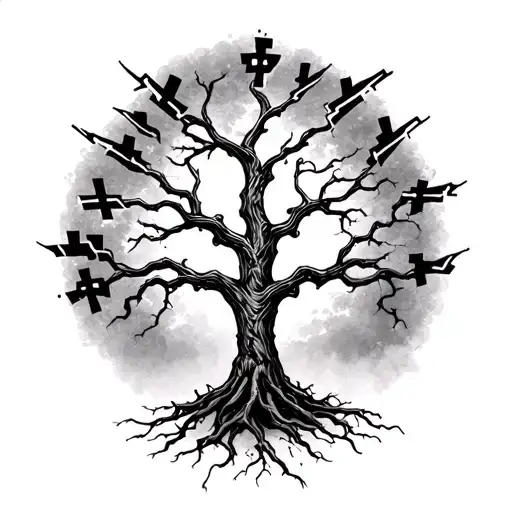 A family tree tattoo with branches shaped like crosses and lightning bolts symbolizing the strength and unity of your family, in a dotwork style tattoo design idea