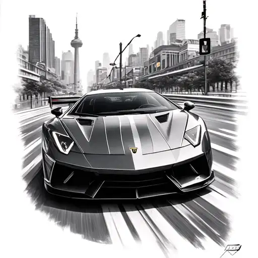 Create a tattoo featuring a sleek sports car racing through the streets of Toronto tattoo design idea