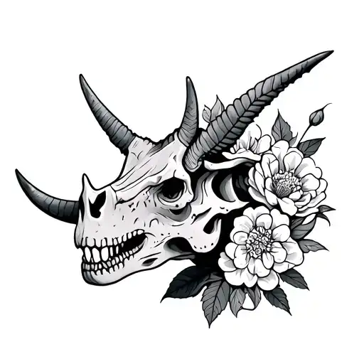 Triceratops Skull with peony flowers tattoo design idea