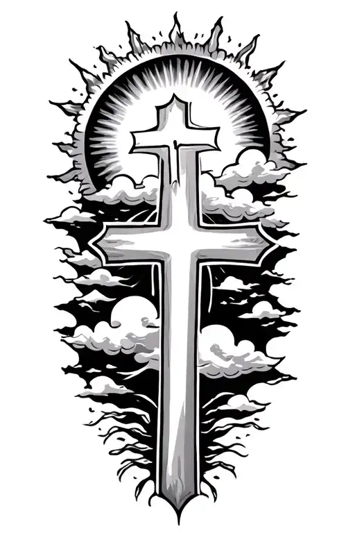 3 crosses with clouds and sun shining tattoo design idea