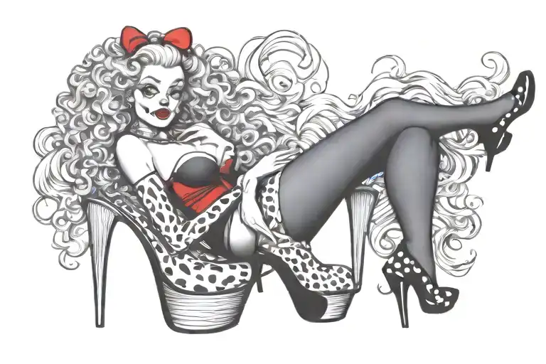 sexy clown woman  pin-up heels curly hair tattoo design idea
